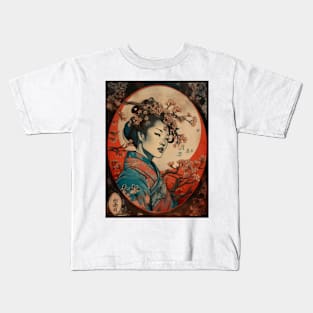 Vintage Rose Blossoms Japanese Woodblock Maple Streetwear Hipster Asian Inspired Retro Manga Samurai Agapanthus. Kids T-Shirt
